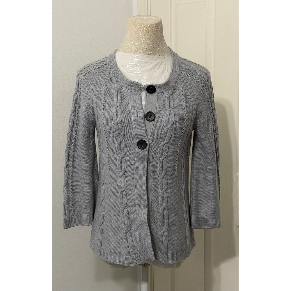 Eddie Bauer Womens sz M Gray Cable Knit Button Front Cardigan Sweater